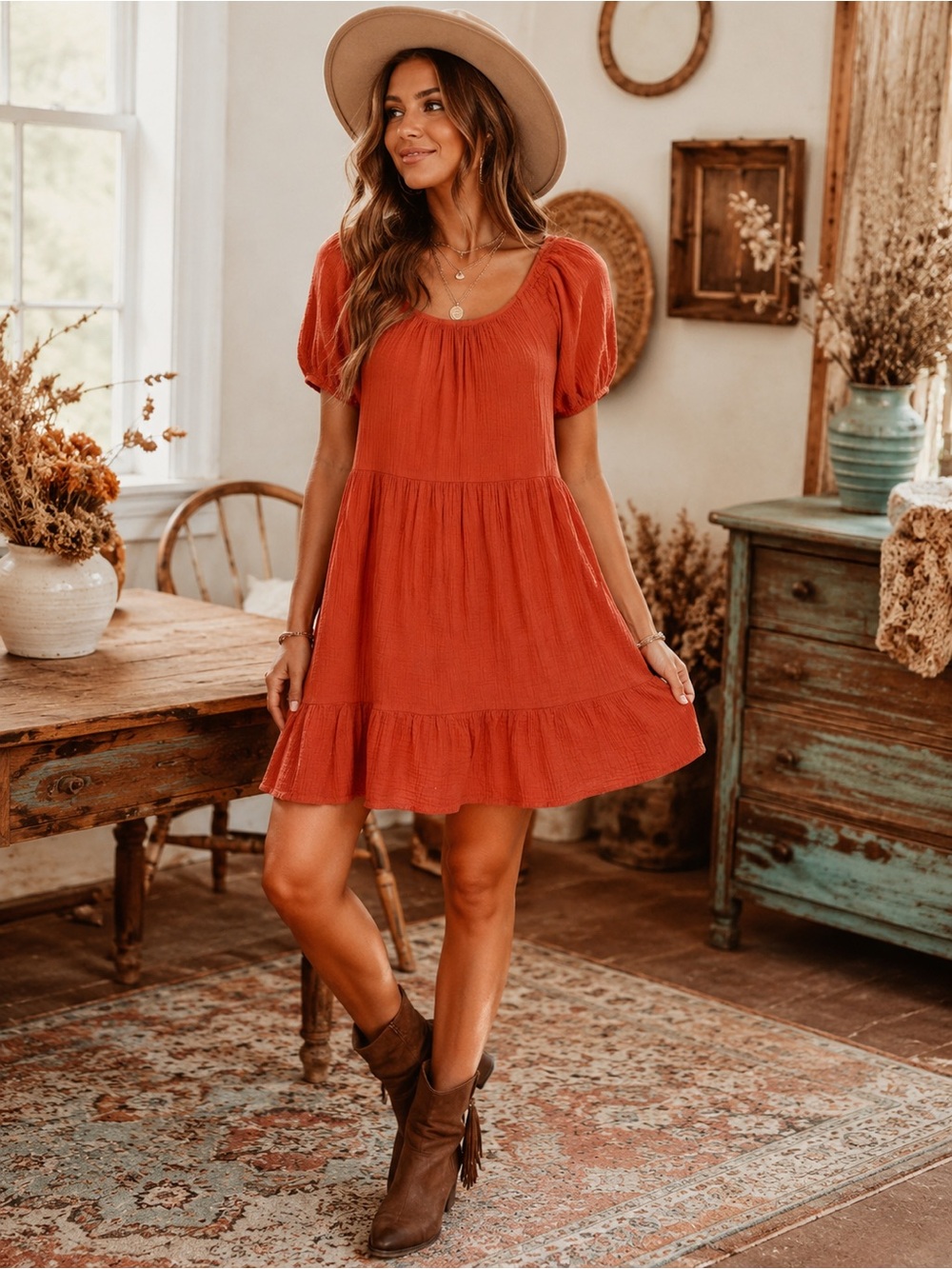 Gaudie Rust Orange Gauze Babydoll Dress | Women’s Medium | Boho Cottagecore